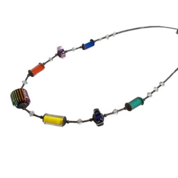 Sterling Silver Beaded Choker Rainbow Art Glass Necklace Modernist Jewelry Artsy - Picture 9 of 13